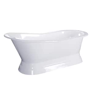 67 in. Cast Iron Double Slipper Pedestal Flatbottom Bathtub with 7 in. Deck Holes in White