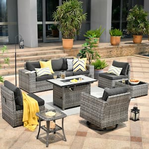 Tahoe Grey 9-Piece Wicker Outdoor Patio Rectangle Fire Pit Conversation Sofa Set with a Swivel Chair and Black Cushions