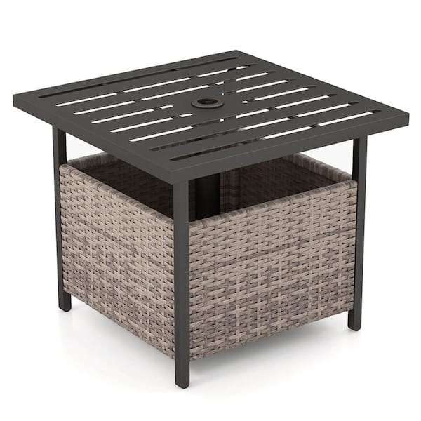 Costway Gray Square Wicker Outdoor Side Table with umbrella hole Garden Patio Pool