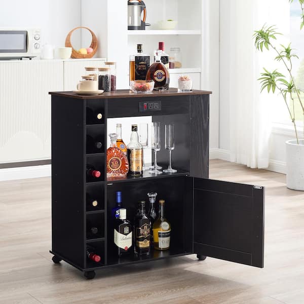 VECELO Rolling Kitchen Island Cart with Storage, Microwave Stand Wine Rack Power Outlet for Kitchen and Dining Room, Brown Cart