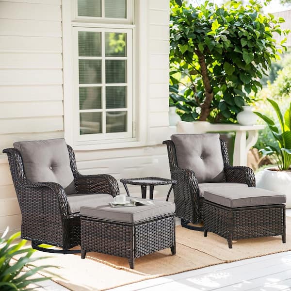 Gymojoy Carolina Brown 5-Piece Wicker Patio Conversation Set with Gray Cushions