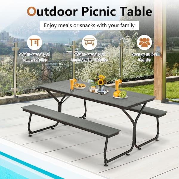 WELLFOR 72 in. Gray Rectangle HDPE and Metal Picnic Tables for 6