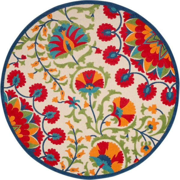 Aloha Easy-Care Red/Multicolor 8 ft. x 8 ft. Round Floral Modern Indoor/Outdoor Patio Area Rug