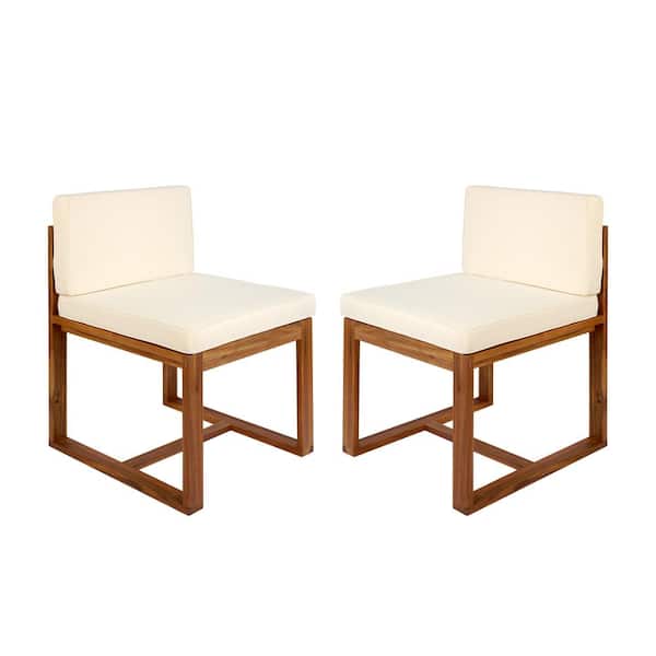 Unbranded Outdoor Acacia Wood Dining Chair with Beige Cushion, for Patio Garden Backyard, (Set of 2)