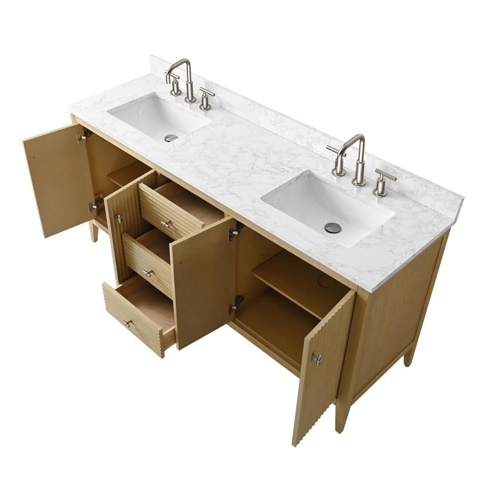 72" Natural Oak Double Sink Vanity with Marble Top