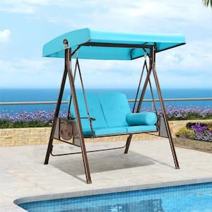 2-Person Steel Metal Patio Swing with Foldable Side Table,Canopy and Cushions, Turquoise Blue