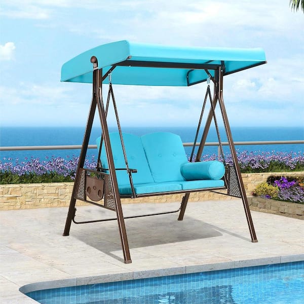 PURPLE LEAF 2-Person Steel Metal Patio Swing with Foldable Side Table,Canopy and Cushions, Turquoise Blue