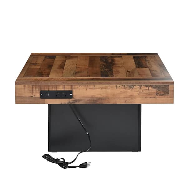 Zeus & Ruta Black Outdoor Coffee Table with Brown Spliced Wood Grain Tabletop, LED Light, 2 USB Ports Outlets, Charging Station