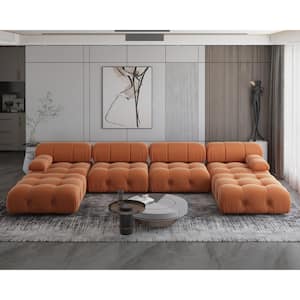 138 in. W Square Arm 6 Seater 6-Piece U Shaped Free Combination Sectional Sofa with Ottoman in Orange