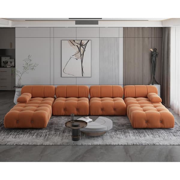 138 in. W Square Arm 6 Seater 6-Piece U Shaped Free Combination Sectional Sofa with Ottoman in Orange