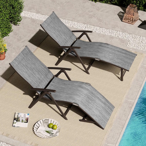 Brown 2-Piece Aluminum Metal Folding Outdoor Chaise Lounge with Adjustable Back in Black and Gray
