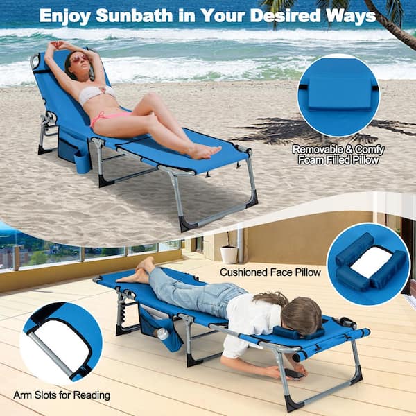 Costway Metal Outdoor Folding 5 Position Chaise Lounge Chair with Face Hole and Adjustable Footrest Blue A1Q211268G3 The Home Depot