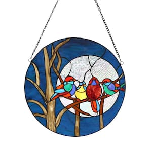 Multi-Colored Birds in the Night Sky Round Stained-Glass Window Panel