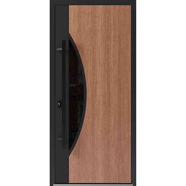 1077 36 in. x 80 in. Right-hand/Inswing Tinted Glass Teak Steel Prehung Front Door with Hardware