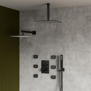 Thermostatic Valve 15-Spray 12 in. Ceiling Mount Dual Shower Head and Handheld Shower with 6-Jets in Matte Black