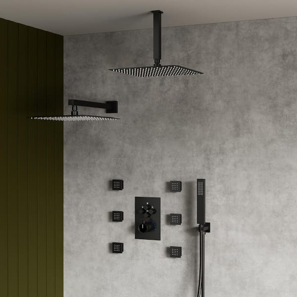 YAWWALK Thermostatic Valve 15-Spray 12 in. Ceiling Mount Dual Shower Head and Handheld Shower with 6-Jets in Matte Black