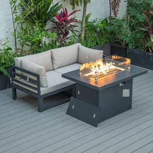 Chelsea Black 3-Piece Aluminum Patio Fire Pit Set with Beige Cushions
