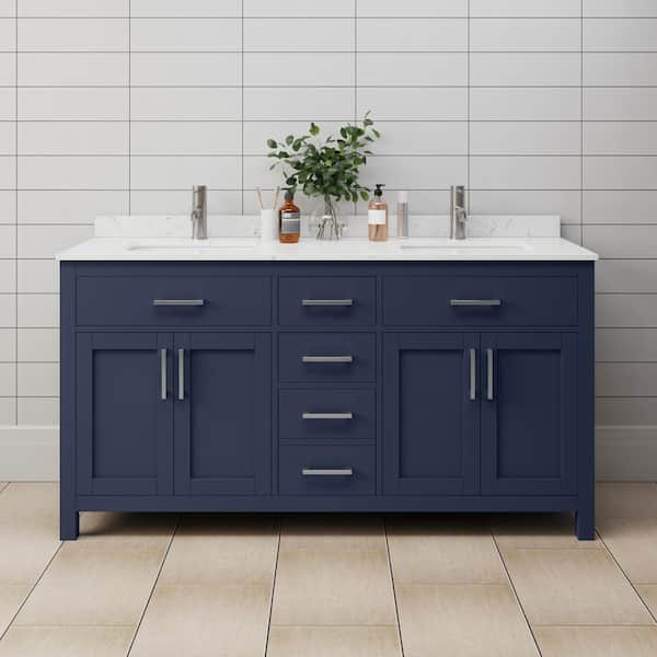 Beckett 66 in. W x 22 in. D x 35 in. H Double Sink Bathroom Vanity in Dark Blue with Carrara Cultured Marble Top