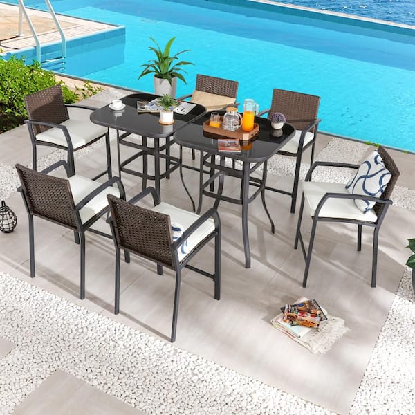 Patio Festival 8-Piece Wicker Bar Height Outdoor Dining Set with Beige Cushions