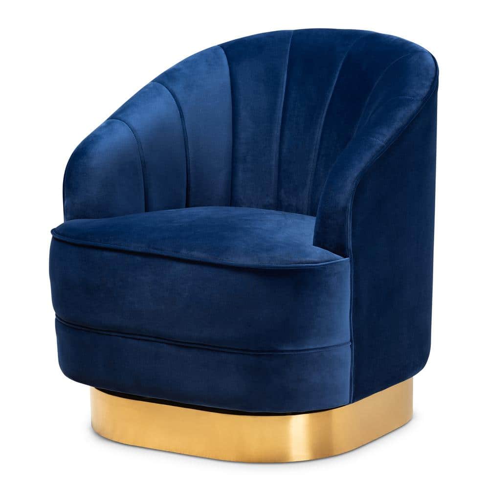 Royal Blue Velvet Barrel Swivel Accent Chair with Brushed Gold Base