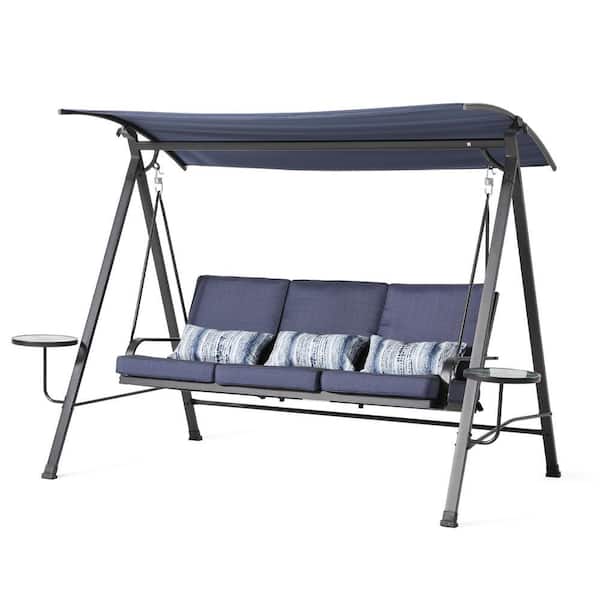 3-Person Metal Swing Porch Swing with Canopy and Blue Cushions
