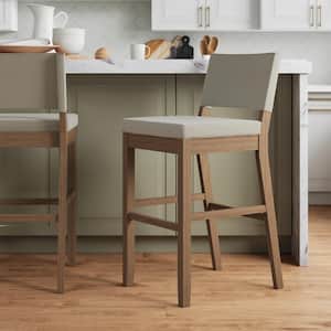 Linus 30 in. Modern Upholstered Bar Stool with Back and Solid Rubberwood Legs in a Wire-Brushed Brown Finish