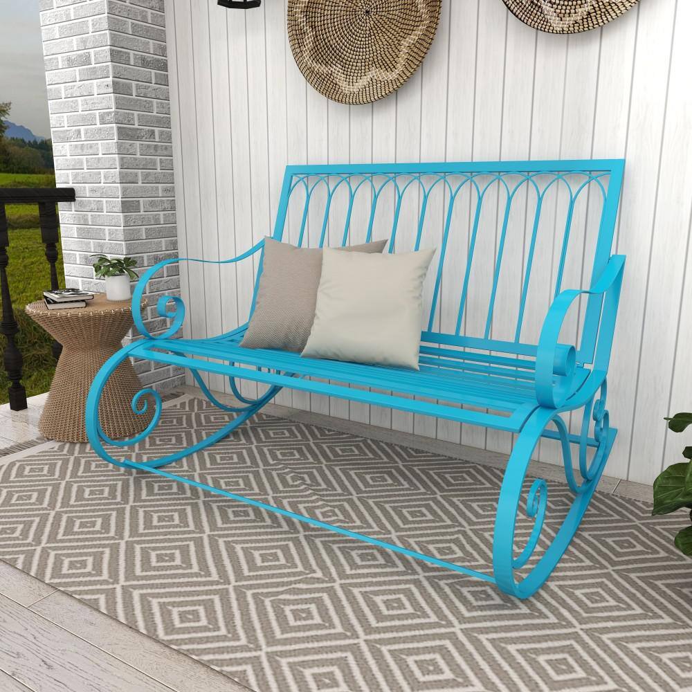 Teal Metal Rocking Outdoor Bench with Scrolled Armrests