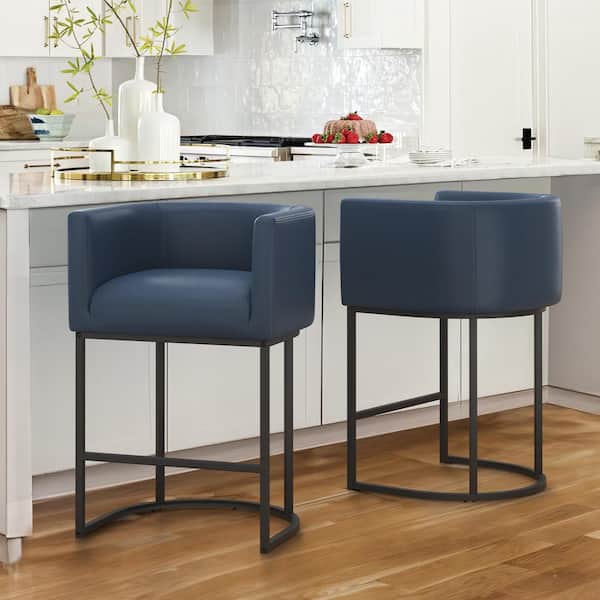 26 in. Navy Low Back Bar Stool with Metal Frame Counter Height Faux Leather Upholstered Counter Stool Set of 2