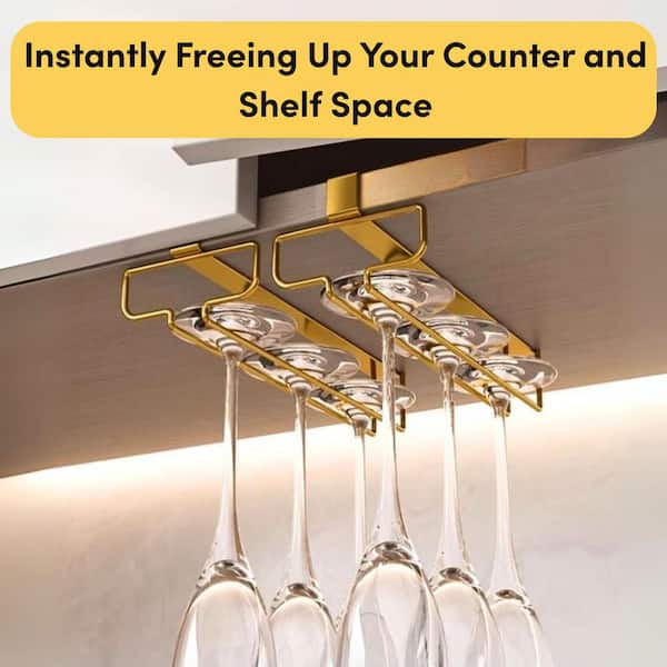 Wudkey 2-Pack Under Cabinet Iron Wine Glass Holder, Hanging Storage Rack Organizer for Kitchen, Gold