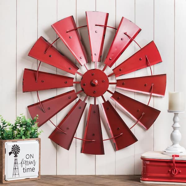 Glitzhome 28.50 in. D Vintage Red Metal Wind Spinner Wall Decor