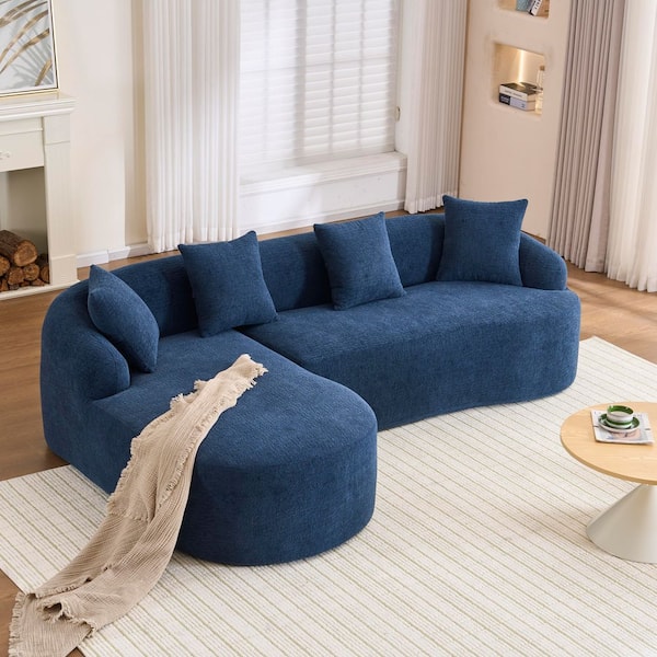 99 in. Chenille L-Shape Full Compression Sponge Sectional Sofa with Curved Chaise in. Navy Blue