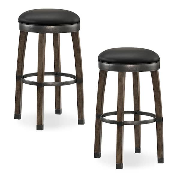 Leick Home Favorite Finds Graystone Wood Cask Stave Bar Height Stool with Black Faux Leather Seat (Pack of 2)