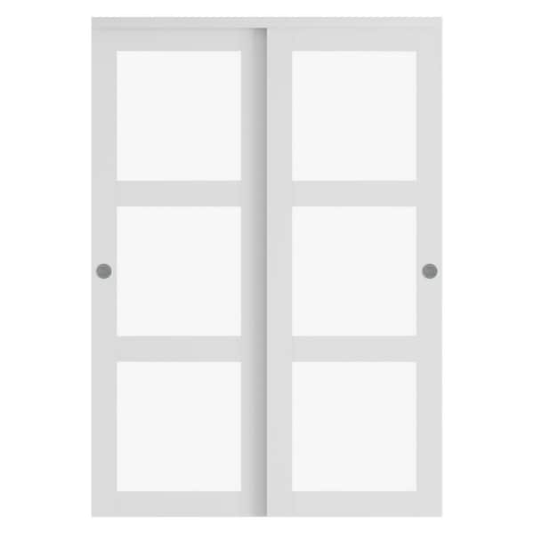 64 in. x 78.58 in. (double 33 in. )3-Lites Frosted Glass White Finished MDF Closet Sliding Door with Hardware Kit
