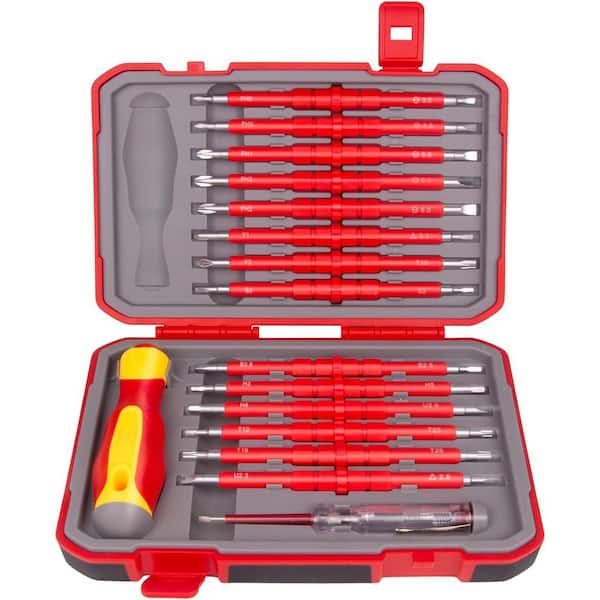 1000V Insulated 4-5in. Shank 29 Bit Red Electrician Screwdriver Set Magnetic Ergonomic Handle 29-Piece Kit
