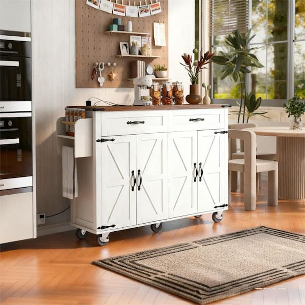 Ximuprmy White Wood 53 in. Kitchen Island with 2 Power Outlet, Drop Leaf, 2-Drawers and 4 Doors for Kitchen and Dining Room