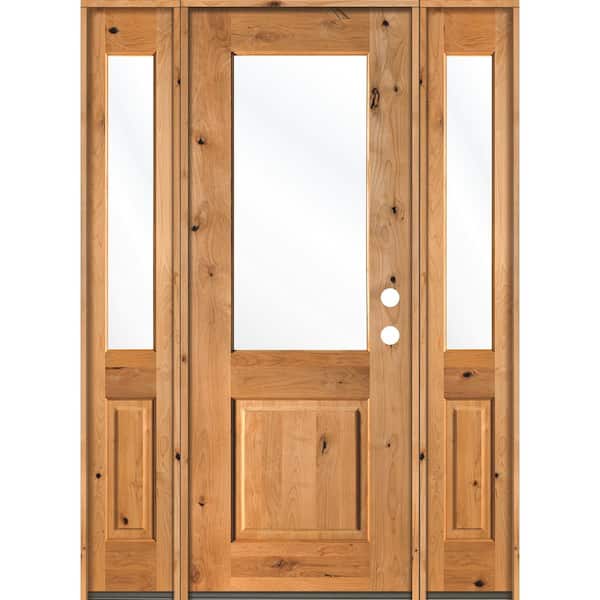 Krosswood Doors 60 in. x 96 in. Rustic Knotty Alder Wood Clear Half-Lite Clear Stain Left Hand Single Prehung Front Door/Sidelites