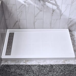 Krasik 48 in. L x 36 in. W Alcove Solid Surface Shower Pan Base with Left Drain in White with Brushed Nickel Cover