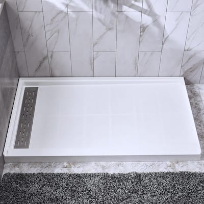 ᐅ【WOODBRIDGE 60-in L x 36-in W Zero Threshold End Drain Shower Base with  Reversable Drain Placement, Matching Decorative Drain Plate and Tile  Flange, Wheel Chair Access, Low Profile, White-WOODBRIDGE】