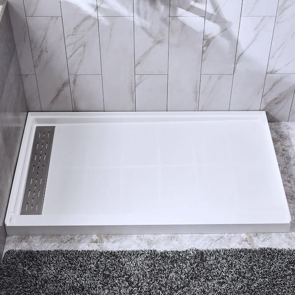 WOODBRIDGE Krasik 48 in. L x 36 in. W Alcove Solid Surface Shower Pan Base with Left Drain in White with Brushed Nickel Cover