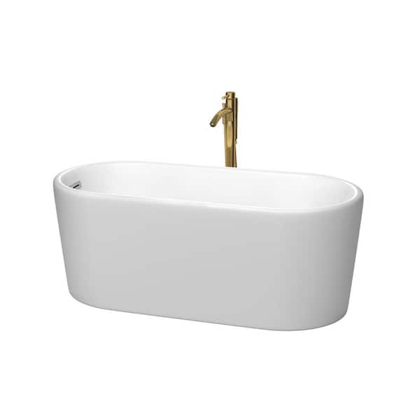 Wyndham Collection Ursula 59 in. Acrylic Flatbottom Bathtub in Matte White with Polished Chrome Trim and Brushed Gold Faucet