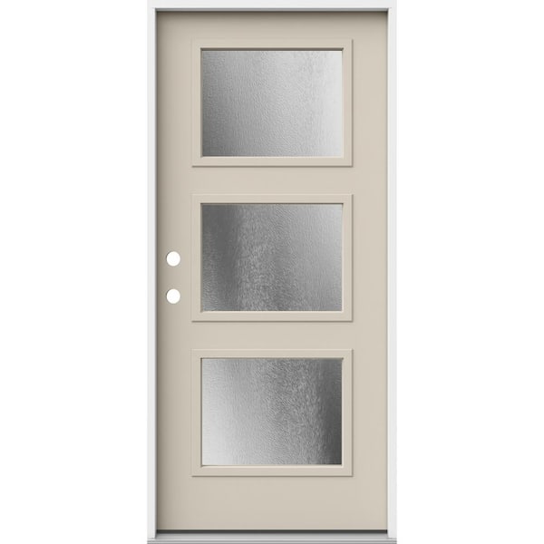JELD-WEN 36 in. x 80 in. Right-Hand/Inswing 3 Lite Equal Chinchilla Frosted Glass Primed Steel Prehung Front Door