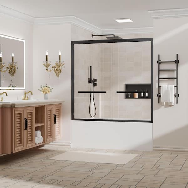 56-60 in. W x 58 in. H Double Sliding Framed Tub Door with Nano-Coated Clean Tempered Glass in Matte Black
