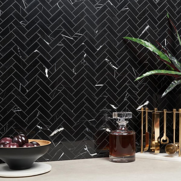 Blackout Nero Marquina 11.92 in. x 12.79 in. Herringbone Polished Marble Floor and Wall Mosaic Tile (1.06 sq. ft./Each)