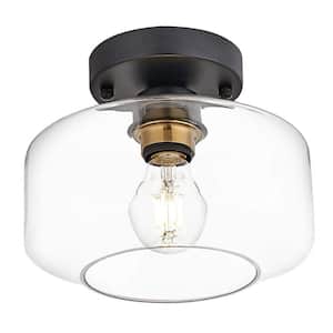 1-Light Black Industrial Drum Shaded Semi Flush Mount Ceiling Light with Clear Glass Shade for Hallway