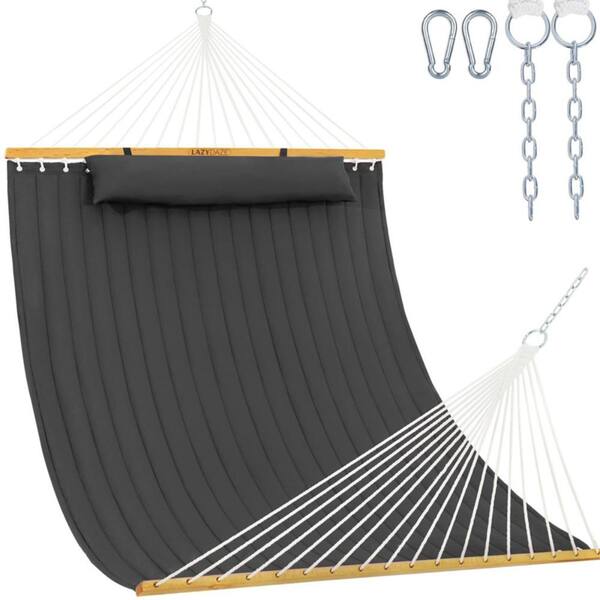12FT Double Quilted Hammock with Spreader Bar & Detachable Pillow,450LBS Capacity,Dark Gray