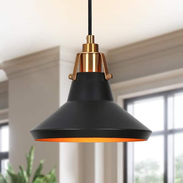 Zevni Tencanonia Industrial 1-Light Black and Plating Brass Pendant Light, Modern Living Room Lamp with Metal Barn Shade