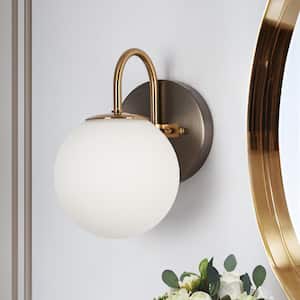 5.3 in. Modern Brushed Gunmetal Grey Bathroom Wall Sconce Contemporary 1-Light Brass Vanity Light with White Glass Globe