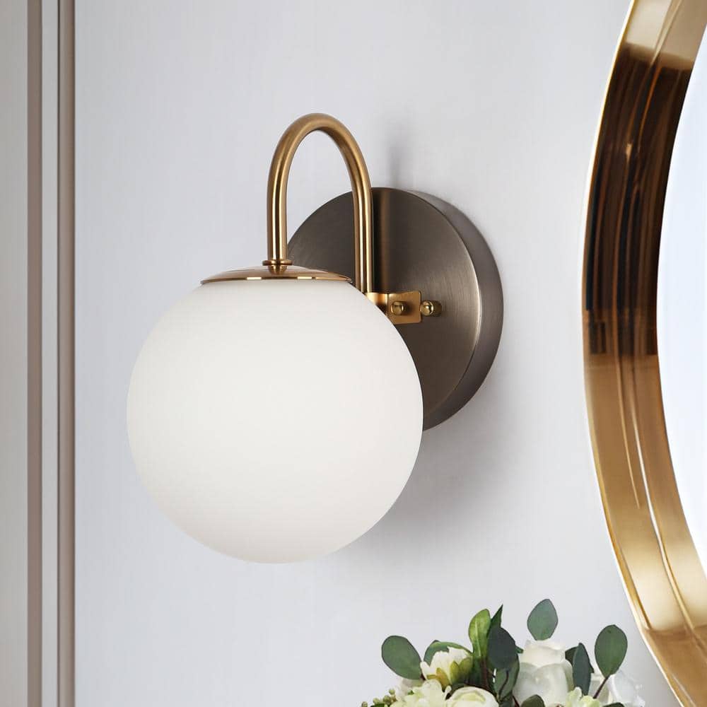 Alada 5.3 in. Modern Gunmetal Gray Bathroom Wall Sconce Contemporary 1-Light Brass Vanity Light with White Glass Globe price history on PriceWatchPro