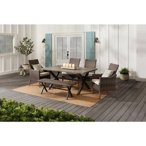 Rock Cliff 6-Piece Brown Wicker Outdoor Patio Dining Set with Bench and CushionGuard Almond Tan Cushions