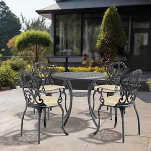 Lily Black 5-Piece Cast Aluminum Outdoor Dining Set with Round Table and Dining Chairs with Random Color Cushion